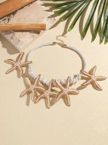 1 件波西米亚风格海洋主题夸张厚金属金色海星和珍珠白绳串珠项链，适合女性派对、节日、舞会搭配 - 吊墜項鍊 - 查看 5