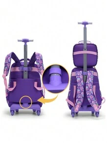 BLING BABIES Zestaw 3 plecaków na kółkach dla dziewcząt, fioletowy, uroczy, kreskówkowy, z księżycem i jednorożcem, z cekinami, torba na książki dla uczniów szkół podstawowych, torba szkolna na kółkach z lunchboxem i piórnikiem.