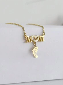 个性化名字雕刻母亲项链，搭配小脚吊坠，独特而优雅的特殊珠宝礼物返校冬季礼物创意男孩女孩情人节 - 金色 - 查看 4