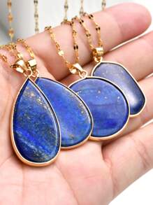 Dây chuyền mặt dây chuyền bằng thép không gỉ hình giọt nước viền vàng Lapis Lazuli thiên nhiên Bohemian cổ điển dành cho nam và nữ - Nhiều màu - Xem 4
