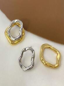 2pcs Fashionable Asymmetrical Double-Layered Hoop Earrings With Simple Gold & Silver Geometric Lines