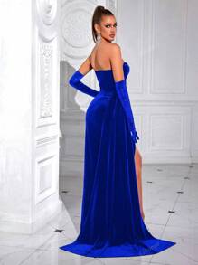 Elisanya ADYCE Women's Solid Strapless Long Tie Waist Front Slit Backless Formal Evening Gown Dress For Party, Banquet (Exclude Gloves)