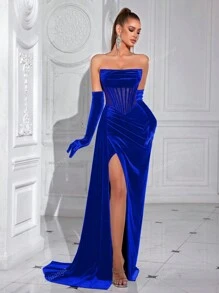Elisanya ADYCE Women's Solid Strapless Long Tie Waist Front Slit Backless Formal Evening Gown Dress For Party, Banquet (Exclude Gloves)
