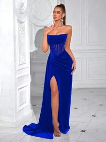 ADYCE 女士优雅纯色心形领口系带长裙，前开衩露背设计，正式晚礼服（不含手套） - 寶藍色 - 查看 8