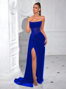 Elisanya ADYCE Women's Solid Strapless Long Tie Waist Front Slit Backless Formal Evening Gown Dress For Party, Banquet (Exclude Gloves)