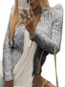 Women Jacket Long Sleeve Open Front Sequined Spring Ladies Cardigan For Club Party - Silver - View 2
