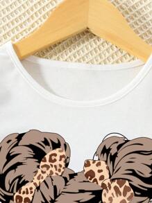 2pcs/Set Tween Girls Graphic Short Sleeve Top & Leopard Print Wide Leg Pants Set - White - View 3