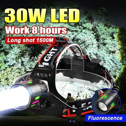 The Most Powerful 30W LED Rechargeable Flashlight LED Headlamp Camping Headlamp Strong Light Using 18650 Battery Hunting Headlamp Hiking Front Lantern, Camping Accessories