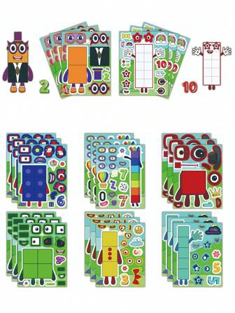 8 套创意“做脸”积木数字人拼图贴纸，笔记本电脑 DIY 贴纸，摩托车头盔，汽车，礼品盒，信封，吉他，笔记本，行李箱，DIY 工艺品，规划师装饰，返校，数字贴纸，锯子，语言治疗，儿童工艺品，化学