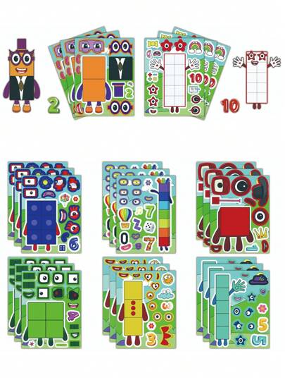 8sets Creative "Make A Face" Building Blocks Digit Person Jigsaw Stickers, DIY Stickers For Laptop, Motorcycle Helmet, Car, Gift Box, Envelope, Guitar, Notebook, Luggage, DIY Craft, Planner Decoration, Back To School,Number Stickers,Saw,Speech Therapy,Kids Crafts,Chemistry