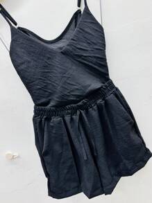 Women's Blouse Sleeve Shorts Set - Black - View 4