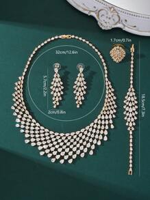 Juego de joyería de 4 piezas con exagerado y espectacular broche de gota de agua con borlas - collar, aretes, anillo, brazalete, chapado en cobre dorado con piedras de circonia, adecuado para bodas de mujeres, eventos formales