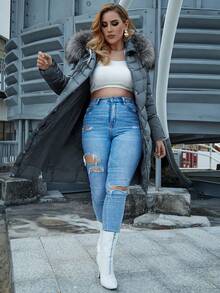 Astrid Plus Size Solid Color Hooded Fluffy Patchwork Long Sleeve Winter Padded Coat - Blue - View 7