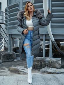 Astrid Plus Size Solid Color Hooded Fluffy Patchwork Long Sleeve Winter Padded Coat - Blue - View 6