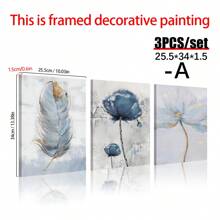 3 piezas/set Decoración de pared con amapolas, plumas azul y dorado, conjunto de decoración de galería moderna en índigo y azul marino, póster decorativo de pared, decoración de lienzo de pared, regalo ideal/set para pasillo, dormitorio, sala de estar