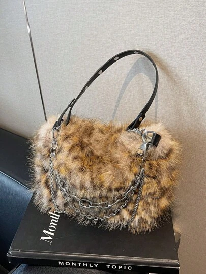 1pc Leopard Spot Fluffy Crossbody Underarm Bag, Brown, Fashion Autumn/Winter, New Autumn And Winter Women Bag, Best Fall Purse, Perfectly Matching With Fall Outfits Women Fall Clothes For Women, New Fall Winter Tiger Print Bag For Women, New Arrival Fur Bag For Women