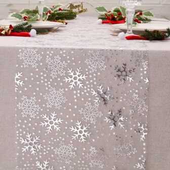 1pc Silver Christmas Snowflake Tablecloth, Polyester Voile Rectangle Tablecloth Roll, Holiday Dining Table Decor, 11.02"X 108.27", Seasonal Winter Decor, 100% Polyester Snowflake Design White Fabric With Silver Foil Print