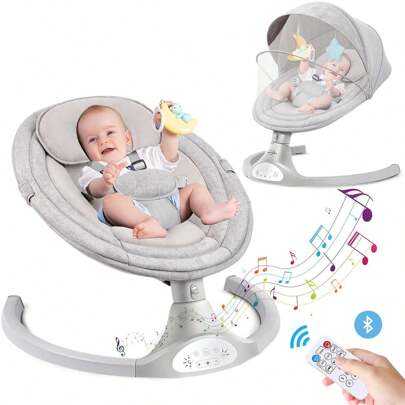 Babywippe Elektrisch,Babyschaukel Elektrisch mit Musik,5 Wippgeschwindigkeiten, Bluetooth-Schaukel,Fernbedienung,5-Punkt-Gurt, Stabile Basis (Hellgrau)