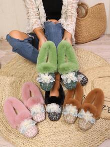 Zapatos planos y esponjosos tejidos para mujer, cómodos mocasines forrados de espuma con efecto deslizante, calzado casual y de moda para uso al aire libre - Marrón - Ver 2