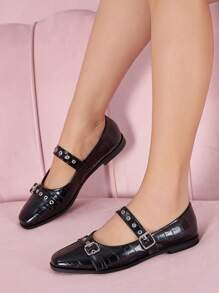 Mary Jane Flats met vierkante neus voor dames, met klinknagels en gesp, lichtgewicht casual leren schoenen voor studenten, seizoen terug naar school