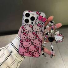Sanrio Custodia per telefono cellulare compatibile con iPhone 15/14 Pro Max, con immagine cartoni animati Sanrio, sfondo rosa sfumato, motivo gatto carino, effetto laser a forma di cuore, adatto per modello 13 (esclusa catena)