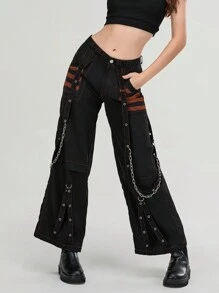Women Cargo Jeans, Striped Zipper Button Closure Loose Casual Trousers Streetwear With Pockets - 橘色 - 查看 5