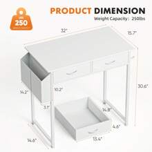 Sweetcrispy 32 Inch Small Desk With Drawers, Home Office Computer Desk With Storage Bag And Headphone Hook, Study Writing Table With Adjustable Feet For Bedroom,White - White - View 6