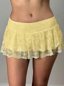 Women's Summer Casual Skirt Solid Color Low Waist Lace Ruffled Skirt With Lined Shorts