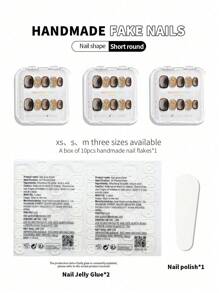 10 piezas de uñas postizas hechas a mano, con ojo de gato negro, brillo dorado, decoración de cristales 3D, forma ovalada corta, set de uñas artificiales para estudiantes y mujeres embarazadas, incluye esmalte de gel y accesorios para uñas postizas - Multicolor - Ver 11