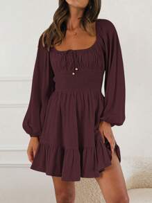 Women Spring Summer Short A-Line Dresses Long Sleeve Square Neck Ruched Tie Up Party Dress - Dark Brown - View 3