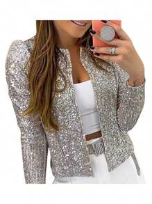 Women Jacket Long Sleeve Open Front Sequined Spring Ladies Cardigan For Club Party - Silver - View 3