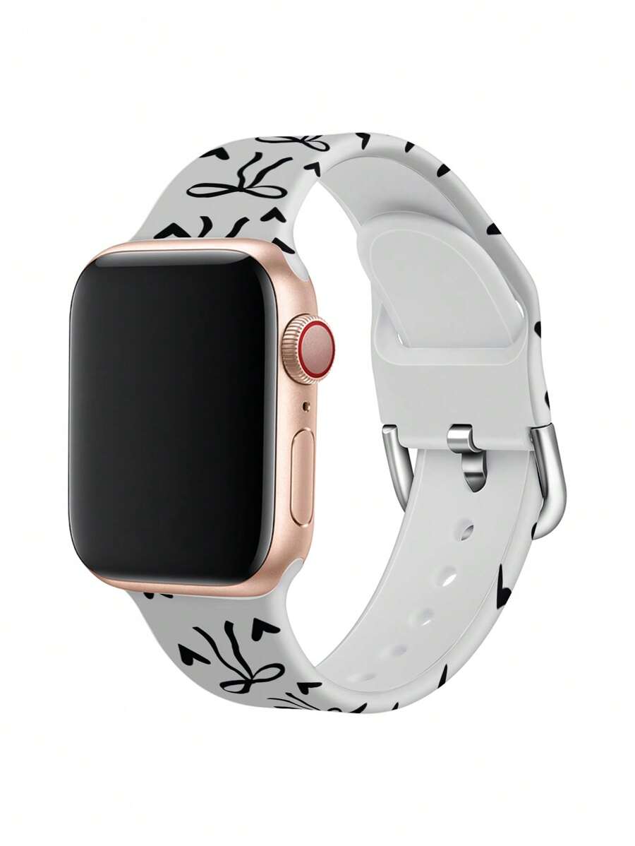 硅胶粉色蝴蝶结心形印花 Apple Watch 表带，适用于 38mm/40mm/41mm/42mm/44mm/45mm/49mm Apple Watch Ultra/SE/8/7/6/5/4/3/2/1 - 黑色 - 查看 1