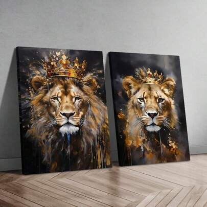 2PCS King & Queen Lions With Crowns Canvas Wall Art - 2 Pieces Set Art Deco Wrapped Canvas Print, Wood Frame, Classic Modern Style, Indoor Outdoor Animal Theme Painting For Living Room, Bedroom, Home Office Decor, Ink Artwork On Canvas, Spring Summer Season, Portrait Orientation Gifts Birthday Graduation