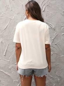 Women's Solid Color Round Neck Short Sleeve Cartoon Woman Photo Print Simple Casual Top, Daily Wear