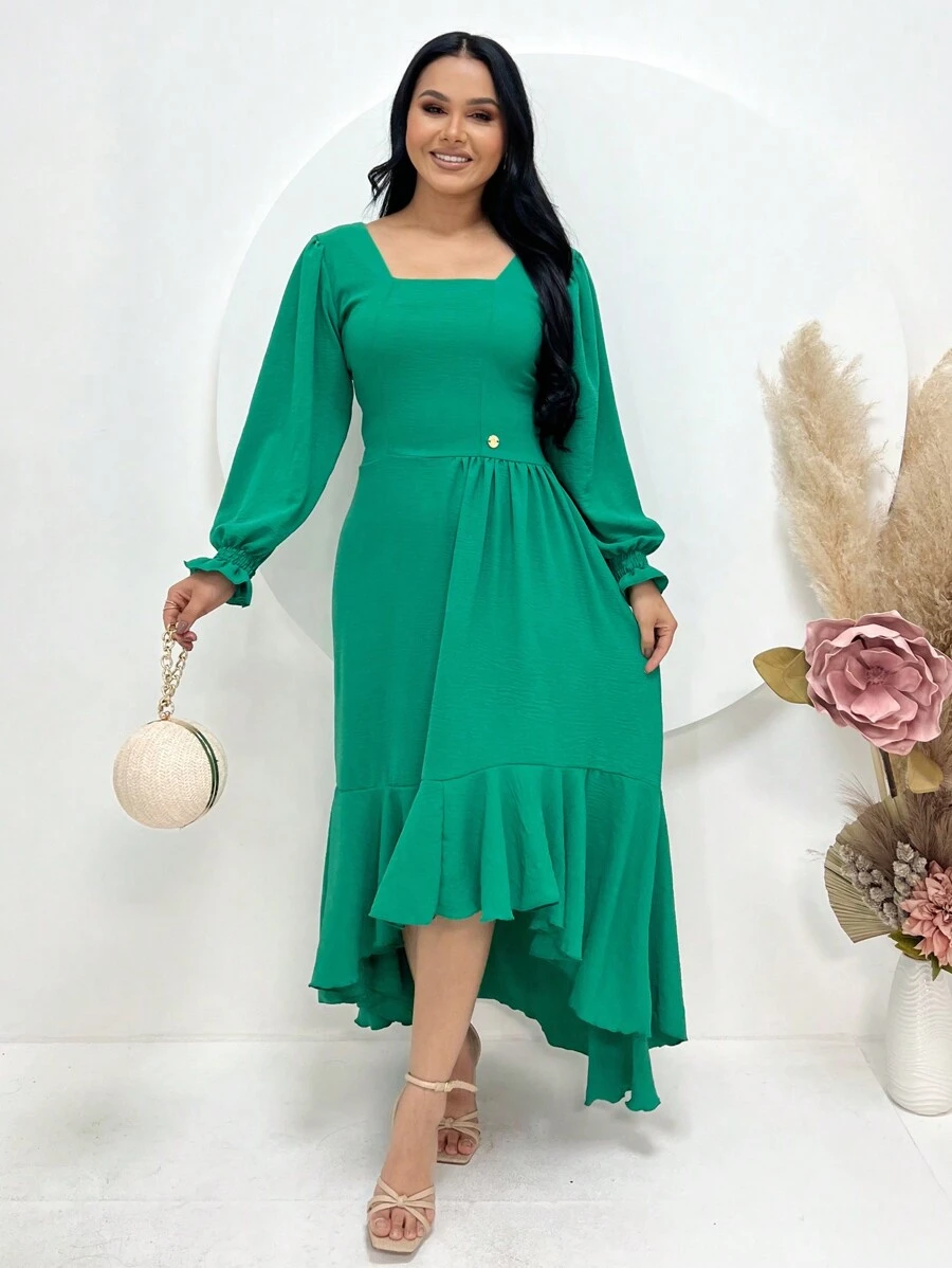 Women's Long Sleeve Midi Mullet Dress With Ruffles Tailoring Square Neckline Spring Summer Christian Evangelical Fashion REF: Angela - Green - View 1
