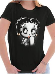 Betty Boop Womens Fitted Graphic Tee Shirt Cute Vintage Retro Animated Sassy Cartoon Character Old School Flapper Ladies Casual Slim Fit Fashion Cotton Printed Short Sleeve Crewneck Tshirt Brisco Brands - Black - View 1