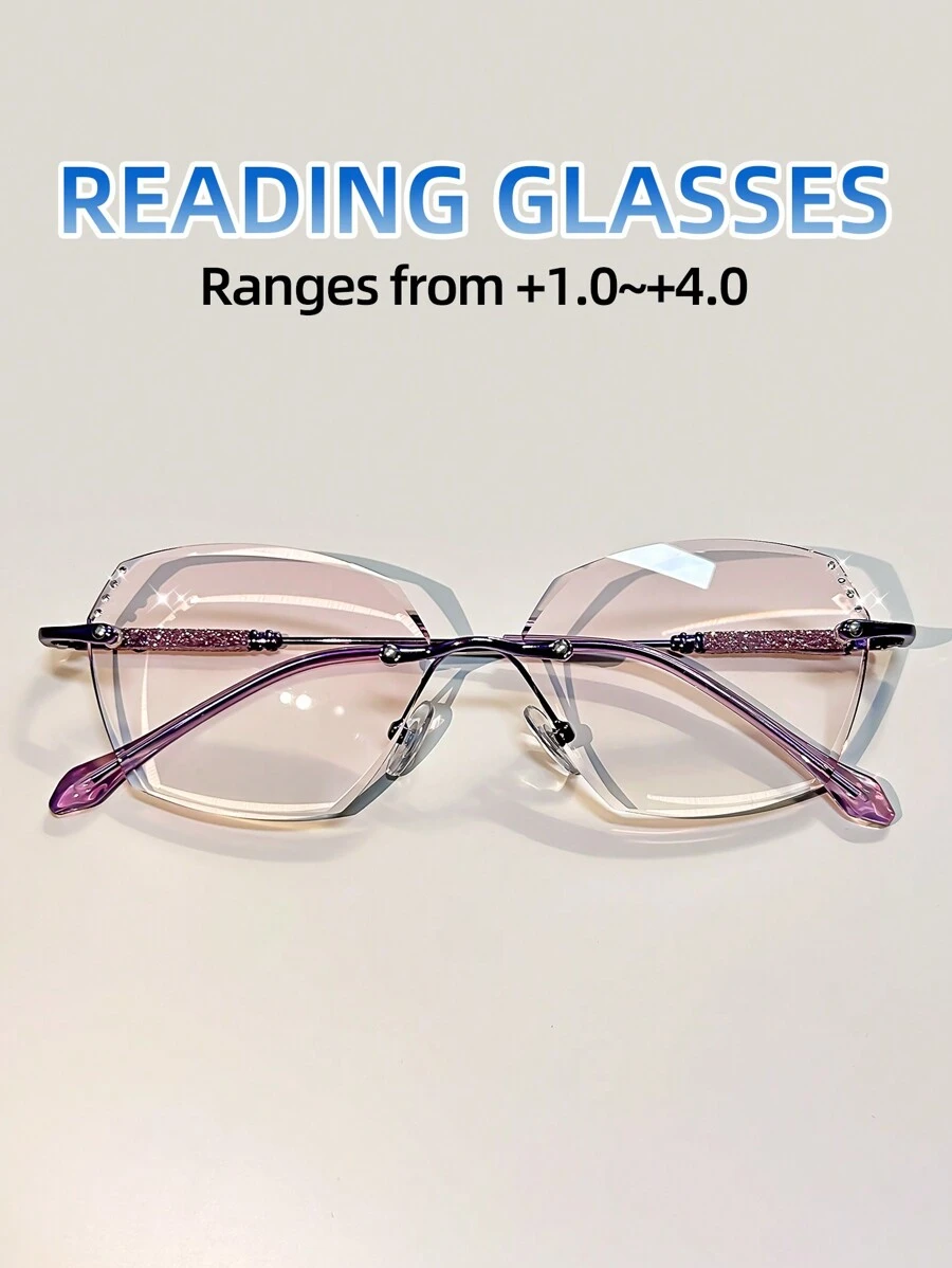 1 副优雅无框渐进有色水钻老花镜，渐变紫色闪光，舒适易戴，矫正镜片 +1.0 至 +4.0 - 粉色 - 查看 1
