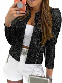 Women Jacket, Long Sleeve Open Front Sequined Fall Ladies Cardigan For Club Party - Black - View 2