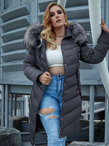 Astrid 大码拉链按扣毛绒装饰连帽加厚外套，适合冬季