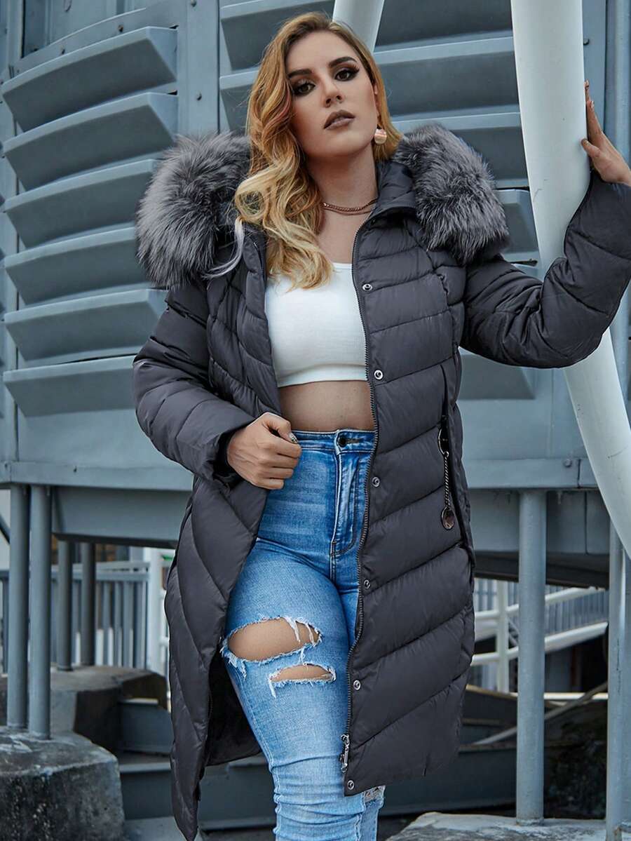 Astrid 大码拉链按扣毛绒装饰连帽加厚外套，适合冬季