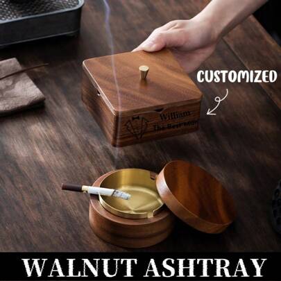 Customized Handmade Solid Walnut Wood Vintage Ashtray With Lid, Groomsman Gift, Father's Day Mother's Day Christmas Gift, Birthday Gift, Festival Gift, Perfect Gift For Dad And Boyfriend, Wedding Party Souvenir