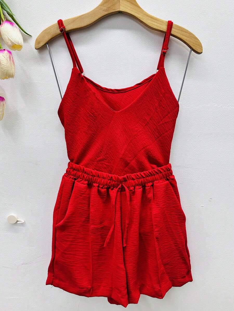Women's Blouse Sleeve Shorts Set - Red - View 1