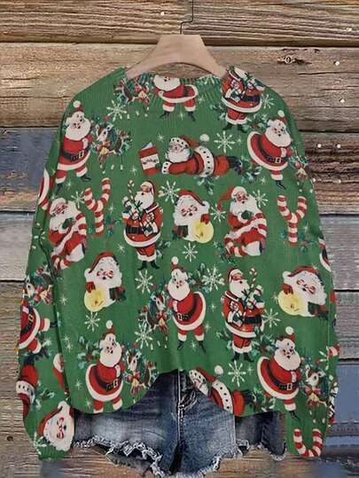 Women Christmas Santa Claus Print Casual Knitted Sweater, Crewneck Long Sleeve Pullover Knitwear, Green