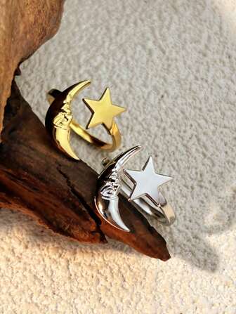 1 件简约时尚星星和月亮戒指，百搭 18k 镀金不锈钢风格珠宝，适合女性、节日、约会、感恩节、圣诞节礼物