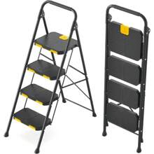 3 Step Ladder With Tool Platform, Folding Step Stool With Handrails, Sturdy Steel Ladder With Wide Pedal - Black Yellow-3-step - View 4