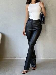 Quần legging nữ Floreya gợi cảm, dáng ôm, cạp trung, chất liệu da PU, kiểu dáng mới mùa xuân/thu, giúp kéo dài chân, thoải mái, co giãn, ống thẳng, đơn giản, chống bẩn, dễ bảo quản, không cần ủi, quần thời trang. - màu đen - Xem 4