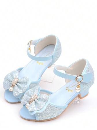 Little Girls' Crystal High Heels Princess Dress Sandals With Bow, Glitter Light Blue Party Shoes
