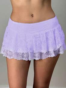 Women Y2K Lace Mini Skirt Summer Casual Going Out Skirt Cute Solid Color Low Waist Lace Ruffled Skirt With Lined Shorts Beach Vacation Skirt - 紫色 - 查看 2