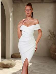 Vestido de cóctel Adyce Pro midi ajustado de cintura alta con abertura, hombros descubiertos, plisado y bajo envolvente para fiesta, cita o noche