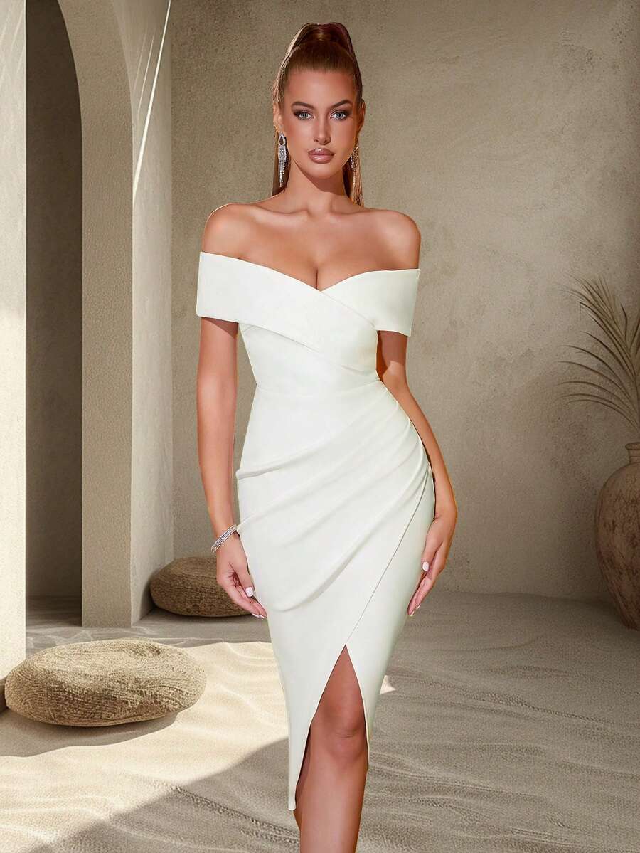 Vestido de cóctel Adyce Pro midi ajustado de cintura alta con abertura, hombros descubiertos, plisado y bajo envolvente para fiesta, cita o noche
